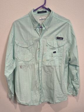 Columbia Men's Green Gingham Check Long-Sleeve PFG Shirt Men's Medium Omnishade